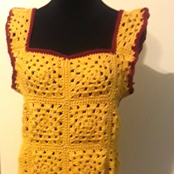 Tops - Burgandy and Gold Granny Square Weskit
